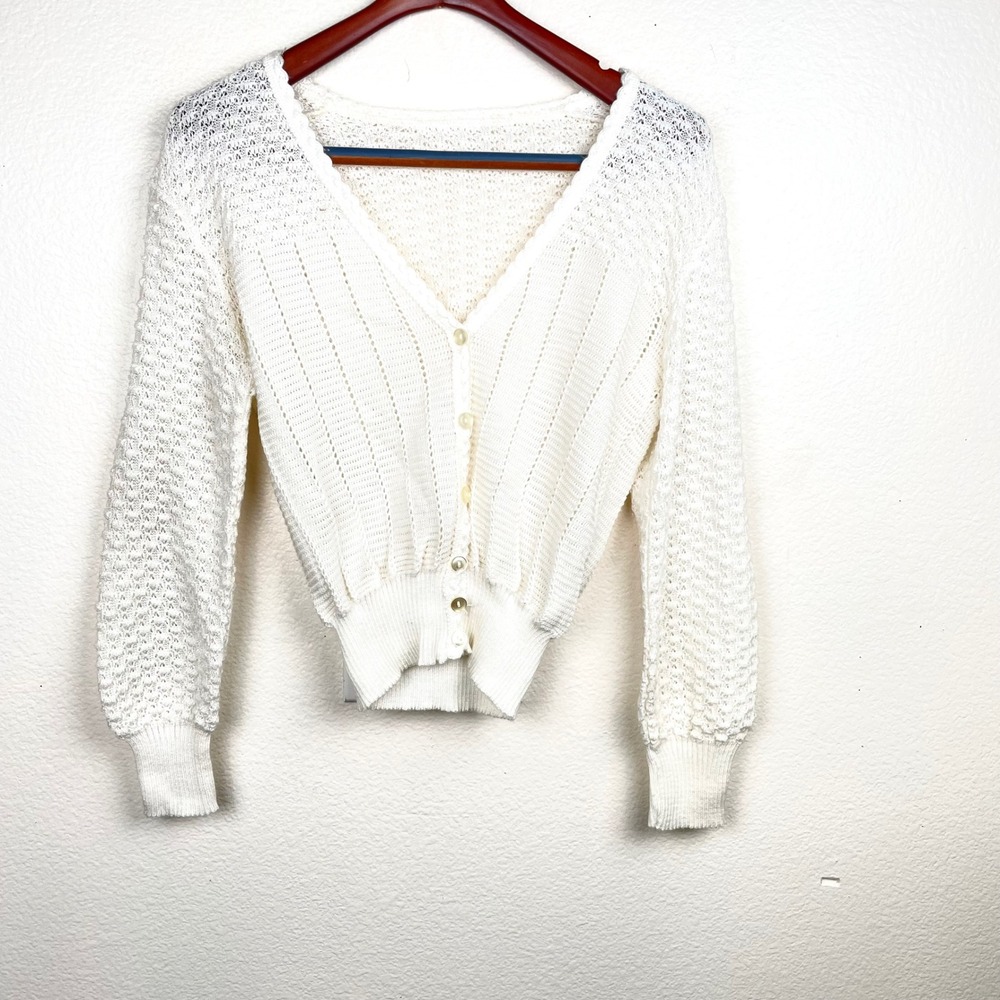 Y2k 90s Womens Cardigan Sz M Crochet Cottage Coquette Cropped Feminine Soft